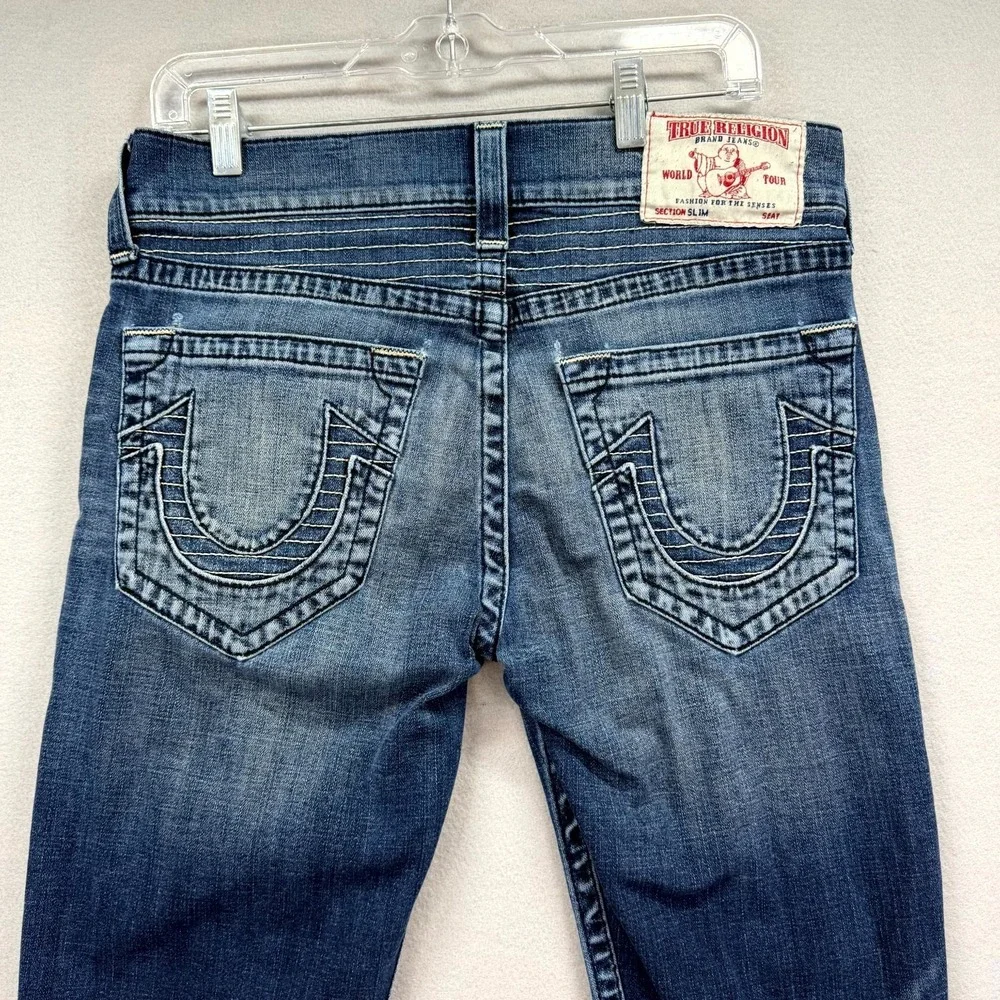 True Religion Jeans Mens 32x34 Blue Denim Pants Distressed Faded Slim Midnight